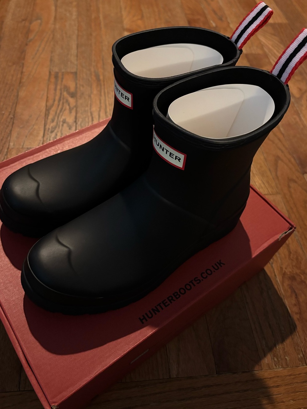 Hunter Black Short Rain Boots with Striped Heel Tabs